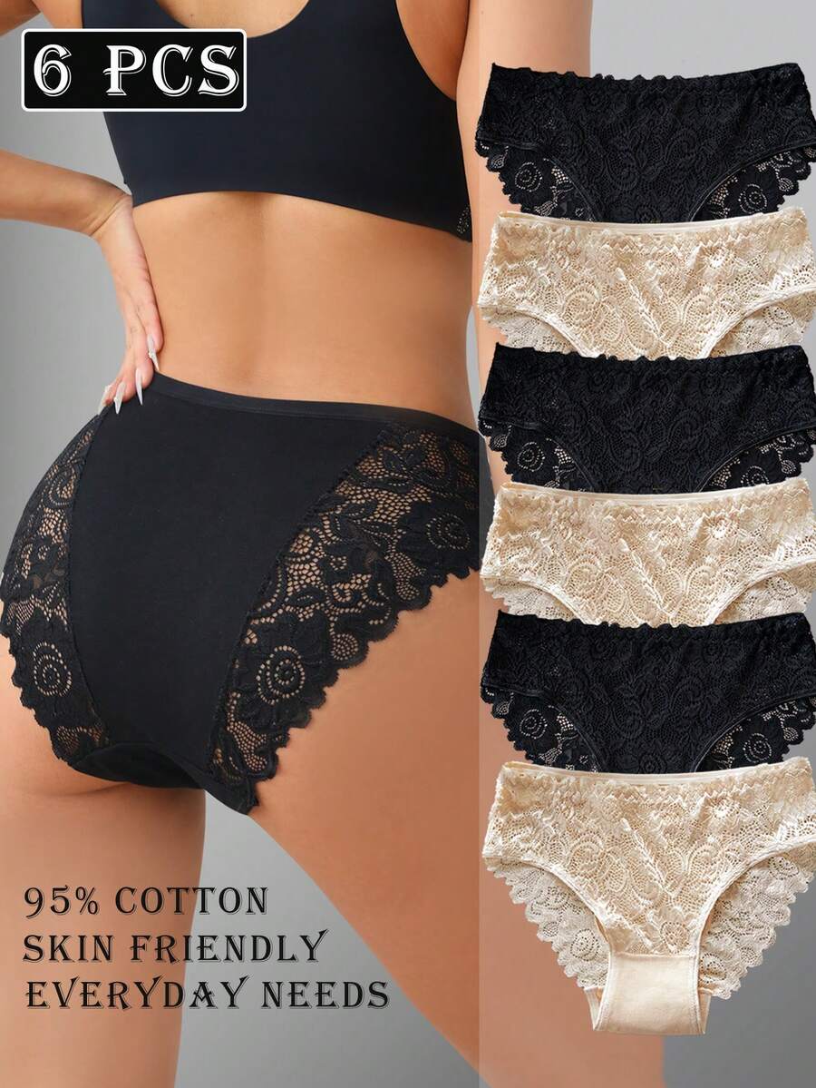 Juego de 6 bragas elegantes de unicolor con ribete de encaje, para mujeres