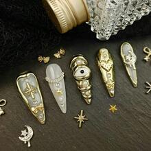 10pcs Gold 3D Decorative Press On Nails Handmade Acrylic French Y2K Style Milky White Nude Color Stiletto Full Coverage Fake Nail Set With Pearl Star Bow Moon Eye Cross Details Luxury Cute Press On Nails For Valentine's Day Gifts Easter Party Wedding Daily Wear Comes With Mini Nail File And Double Sided Adhesive Tabs - 金色 - 查看 7