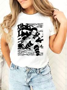 Camiseta gráfica de anime para mujer - Tela suave y transpirable con estiramiento, moda de verano casual con impresión de ilustración en blanco y negro, vestimenta casual cómoda, ropa de verano casual | Estilo casual | Tela transpirable