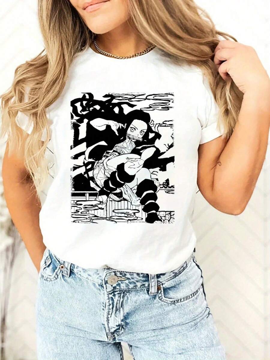 Camiseta gráfica de anime para mujer - Tela suave y transpirable con estiramiento, moda de verano casual con impresión de ilustración en blanco y negro, vestimenta casual cómoda, ropa de verano casual | Estilo casual | Tela transpirable