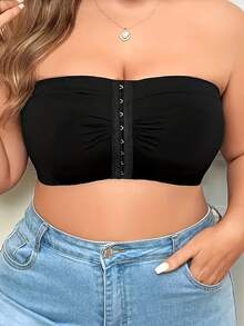 Plus Size Women's Strapless Bandeau Bra – Seamless Invisible Push-Up, Front-Closure Wireless Comfort, Back Mesh For Slimming & Support – 3-Row Hook, Ultra-Stretchy Off-Shoulder Solid Color Underwear - màu đen - Xem 4