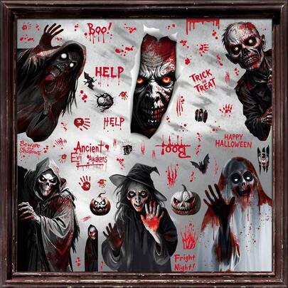 Halloween Decor Grim Reaper, Ghost, Skeleton Static Cling Stickers For Shop Window, Scene Decoration