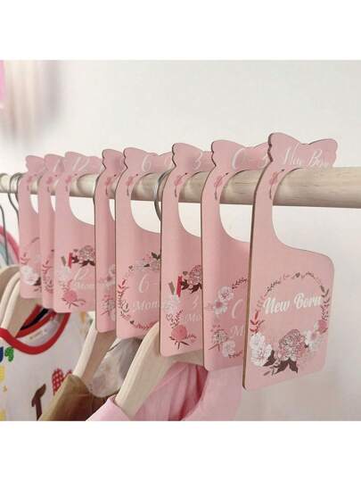 8 st/set babygarderobsavdelare i trä, storleksavdelare för flickor, garderobsgalgar i trä, babykläderorganisatörer, rosa rosett, babygarderobsetiketter för kläder, babyflickors duschpresent, prinsessrumsdekorationer