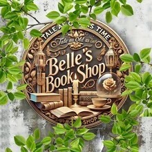 8x8 英寸复古金属墙面艺术标牌 - “Belle's Book Shop”，舒适的咖啡馆设计，配有书籍、灯具和花卉装饰 - 易于悬挂，耐用的金属结构，适用于卧室、厨房、餐厅、酒吧 - 非常适合家居、办公室或礼品装饰，复古咖啡馆设计，书籍装饰，房间装饰 - 彩色 - 查看 5