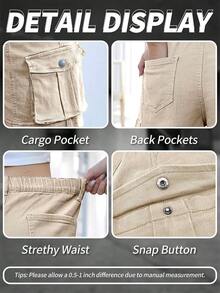 ELLEVEN Bermuda Cargo Shorts Women, Elastic High Waist 6 Pockets Shorts Inch Inseam Summer Jorts Women CasualA Valentine's Day 4RIF - 卡其色 - 查看 2