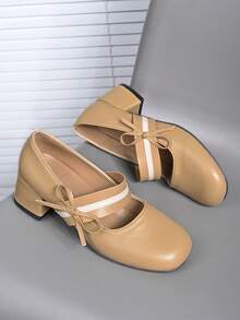 女士优雅纯色蝴蝶结一脚蹬粗跟圆头时尚鞋