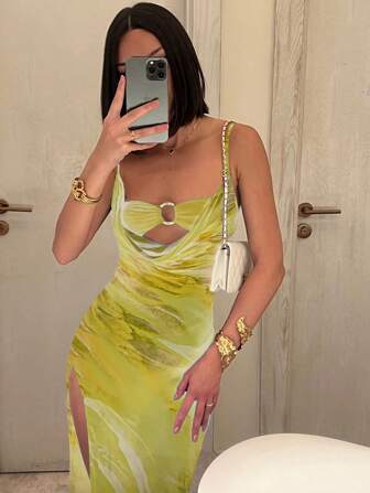 Rochie mini sexy pentru femei, cu imprimeu metalic, fără mâneci, scobită în scobitură, stil de vacanță