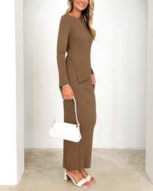 Women 2 Piece Outfits Long Sleeve Asymmetric Slit Hem Tops Midi Bodycon Skirt Sets Lounge Knit Sweater Set