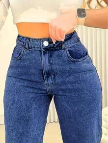 Jeans rectos, sueltos y versátiles para mujer con bolsillos