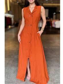 Long Dress With Pocket, Tailored, High Collar, Button, Evangelical Fashion Blogger - Burnt Orange - View 3