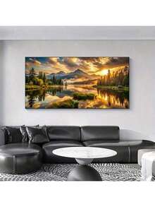 大型无框帆布艺术印刷品 - 金色日出、雪山与倒映水面，现代客厅或卧室墙面装饰，帆布墙面艺术 - 彩色 - 查看 3