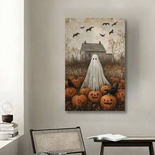无框幽灵和南瓜万圣节艺术印刷品 - 复古鬼屋墙壁装饰，适合秋季和哥特式美学，适用于厨房浴室客厅复活节圣诞节万圣节生日派对装饰