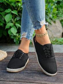 Women's Casual Canvas Sneakers, Flat Sole Lightweight Breathable Fashion Commuting Leisure Sports Shoes - Black - View 4