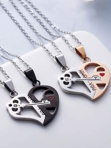 1 par de colgantes de collar de pareja de acero inoxidable, estilo llavero con forma de corazón y circonita, colgante doble de 2 en 1 para pareja, regalo de pareja - Multicolor - Ver 11