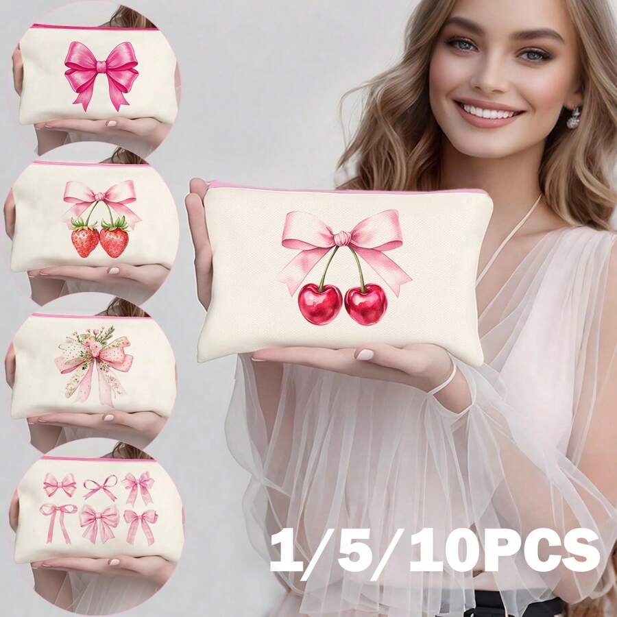 1/5/10/20pcs Sweet Pattern Canvas Zipper Bags Gift Storage Pouch Set, Y2K Style Bow Decor Accessory Organizer Bags, Essential For Ladies Party Butterfly Theme, Versatile Makeup Brush Holder, Stationery Pouch, Party Favor Bags