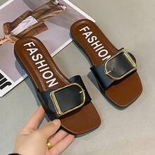 女士可调节扣式时尚平底方头休闲人字拖