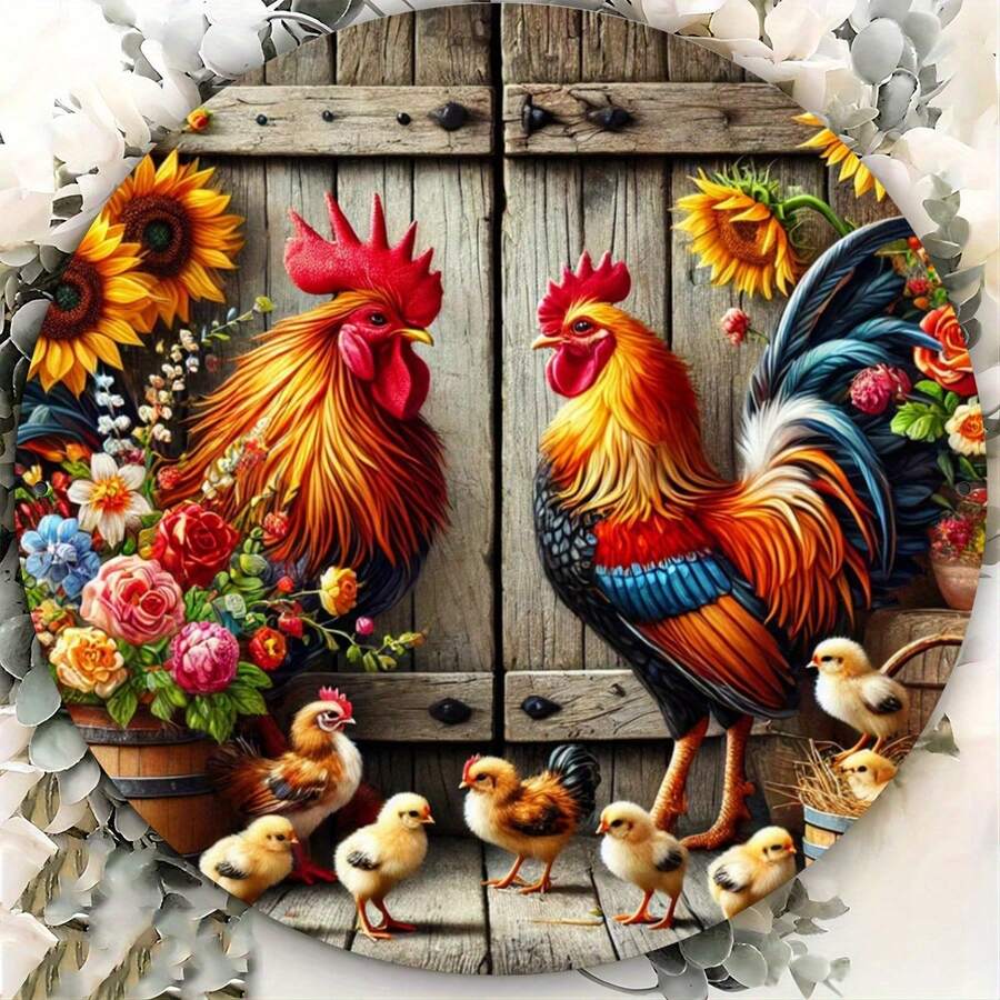 1pc 2D Retro Rooster & Hen Metal Tin Sign - 20x20cm Metal Wall Art With Vibrant Floral & Sunflower Patterns, Suitable For Outdoor/Indoor Use As Farmhouse Decor, Restaurant, Home, Rooster Decor Sign, Pre-Drilled Holes As Shown In Size Image, Hole Style Random