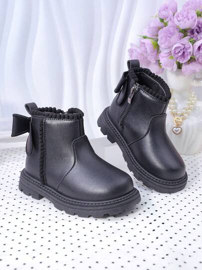 时尚新款婴儿靴，儿童蝴蝶结装饰靴，中帮女童拉链短靴，平底休闲女童踝靴