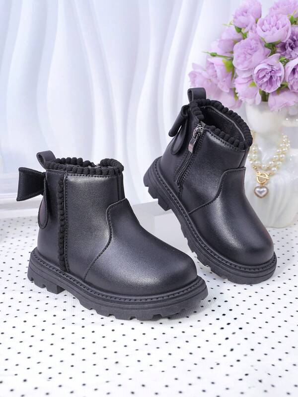 Fashion New Baby Boots, Children Bow Decor Boots, Mid-Top Girls Ankle Boots With Zipper, Flat Casual Girl Ankle Boots