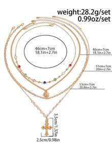 4 Pieces Colorful Gemstone Pearl Sun Cross Gorgeous Fashion Metal Silver Women's Necklace Set, Suitable For Banquet Dance Party Concert Match Daily Clothing Accessories - 銀色 - 查看 8