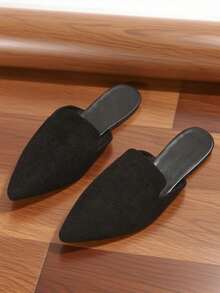 Spring Summer Autumn Fashion Pointed Toe Black Knit Slip-On Women's Flat Slippers, Breathable And Comfortable, Convenient For Travel, Suitable For Daily Lightweight Wear, Summer Slippers - Black Suede - View 6