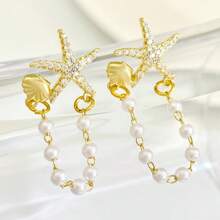 1 par de pendientes vintage de estilo playero con diseño de estrella de mar y concha con perlas falsas, diseño único con cuentas de estrella, adecuados para fiestas, regalos y uso diario