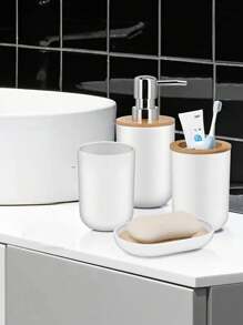 4 件个性化简约纯色浴室配件套装，包括乳液分配器、肥皂盒、玻璃杯和牙刷架，适用于浴室装饰、乔迁礼物、浴室存储和整理、学生宿舍必需品
