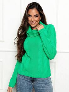 Blusa De Tricot Gola Boba gola Alta Blogueira Tranças Inverno - Verde - Visão 4