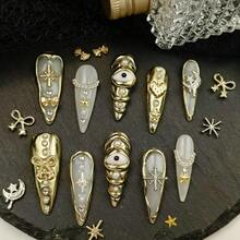 10pcs Gold 3D Decorative Press On Nails Handmade Acrylic French Y2K Style Milky White Nude Color Stiletto Full Coverage Fake Nail Set With Pearl Star Bow Moon Eye Cross Details Luxury Cute Press On Nails For Valentine's Day Gifts Easter Party Wedding Daily Wear Comes With Mini Nail File And Double Sided Adhesive Tabs - 金色 - 查看 5