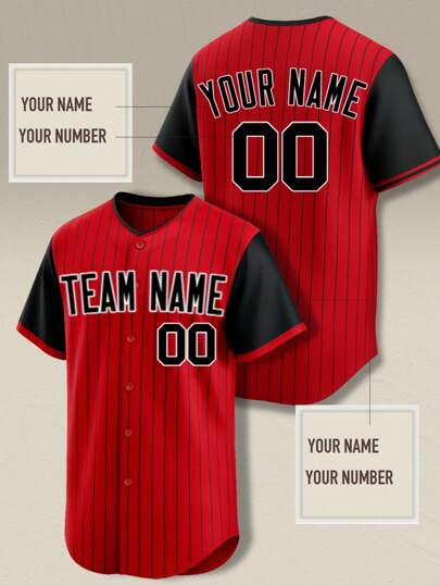 بلوزة قميص رجالي قابلة للتخصيص، خطوط حمراء على الياقة الشكل حرف V، مطبوع عليها الاسم والرقم - بخياطة فضفاضة وأزرار للبس الخارجي، للأنشطة الرياضية والاستخدام اليومي والحفلات (المقاسات من XS إلى 2XL)، ملابس فرق الرياضة، نسيج قابل للتنفس