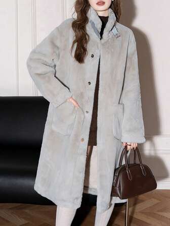 Alicedudu 女士优雅奢华简约优雅铁扣长款仿皮草大衣，秋冬