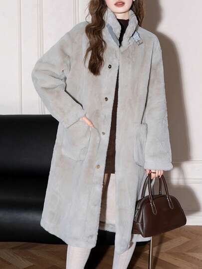 Alicedudu 女士优雅奢华简约优雅铁扣长款仿皮草大衣，秋冬