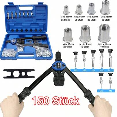 Nietmutternzange, 150-tlg. Nietmutternzange M3 M4 M5 M6 M8 M10 M12 Nietmuttern-Sortiment Nietzange