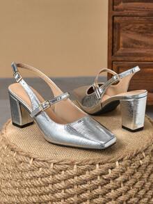 1 双女式蛇纹扣高跟鞋，性感时尚走秀模特高跟鞋，7 厘米粗跟，适合正式婚礼派对场合
