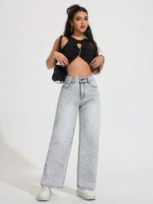 Calça jeans feminina reta e versátil, casual e solta, com bolso - Cinza - Ver 6
