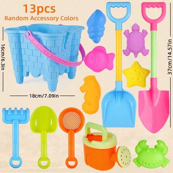 [Équipement essentiel de plage d'été] 13 pièces Set de jouets pour le sable pour enfants - seau à sable, pelle, râteau + moules à château, tamis à sable, jouets de bac à sable pour jouer avec de l'eau, 3 couleurs disponibles (bleu/rose/jaune), cadeau d'anniversaire/fête des enfants pour les garçons et les filles - couleurs des accessoires aléatoires