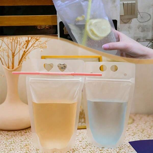 12pcs (6 Random Hole Bags + 6 Random Straws) Portable Self-Sealing Frosted Transparent Juice 500ML Beverage Bag Milk Tea Soy Milk Bag Takeaway Bag Suitable For Birthday Party Drinks Milk Tea Shop