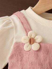 女婴花朵蝴蝶结装饰长袖公主裙，针织拼布二合一甜美派对连衣裙，适合春秋季 - 粉色 - 查看 3
