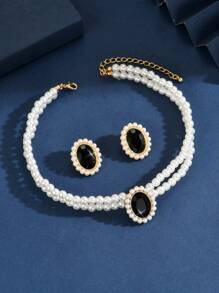 3pcs/Set Oval Geometric Faux Pearl Necklace & Earrings Set, Elegant Faux Pearl Jewelry For Women