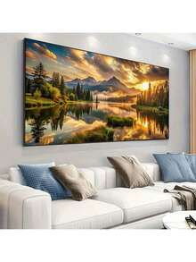 大型无框帆布艺术印刷品 - 金色日出、雪山与倒映水面，现代客厅或卧室墙面装饰，帆布墙面艺术 - 彩色 - 查看 1