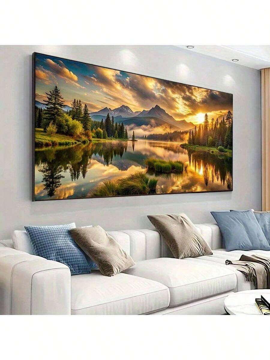 大型无框帆布艺术印刷品 - 金色日出、雪山与倒映水面，现代客厅或卧室墙面装饰，帆布墙面艺术 - 彩色 - 查看 1