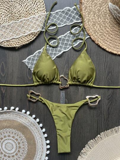New Asymmetrical Metal Decor Solid Color Bikini, Sexy Women Beach Swimsuit Vacation Summer