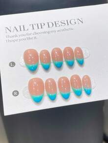 10 Pieces Of Pure Handmade Almond-Shaped Nail Art Patches, Refreshing And Simple Style Hand-Painted Blue-Green French Pointed Nude Base,Handmade Press On Nails,High-End Simulation False Nail Set, Suitable For Summer Wear,Can Be Reused Repeatedly - 藍色 - 查看 3