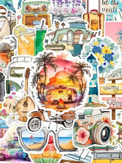 50pcs Outdoor Travel Theme Stickers, Ins Style Fresh, PVC Waterproof Material, Gift Box Decor, Label Stickers, Envelope Seals, Graffiti Stickers, Decor For Guitar, Notebook, Luggage, DIY Crafts, Planner Decoration