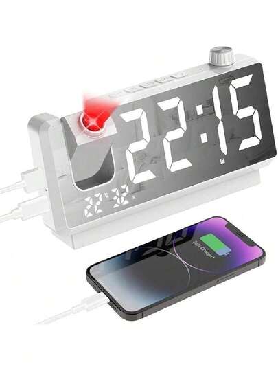 Here's An Optimized Title That Enhances Keywords And Highlights Features:  Projection Alarm Clock - 180 °   Rotating Ceiling Display, Large LED Digital Clock With Dual USB Charging Ports, Temperature & Humidity Monitor, Dual Alarm & Snooze Heavy Sleepers, Night Light (White)