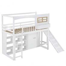 Sairedel Bunk Bed, Children's Bed, With Gate, With Children's Slide And Wardrobe, Ample Storage Space, With Four-Step Ladder, Pine+MDF+Plywood, White, 90x200cm