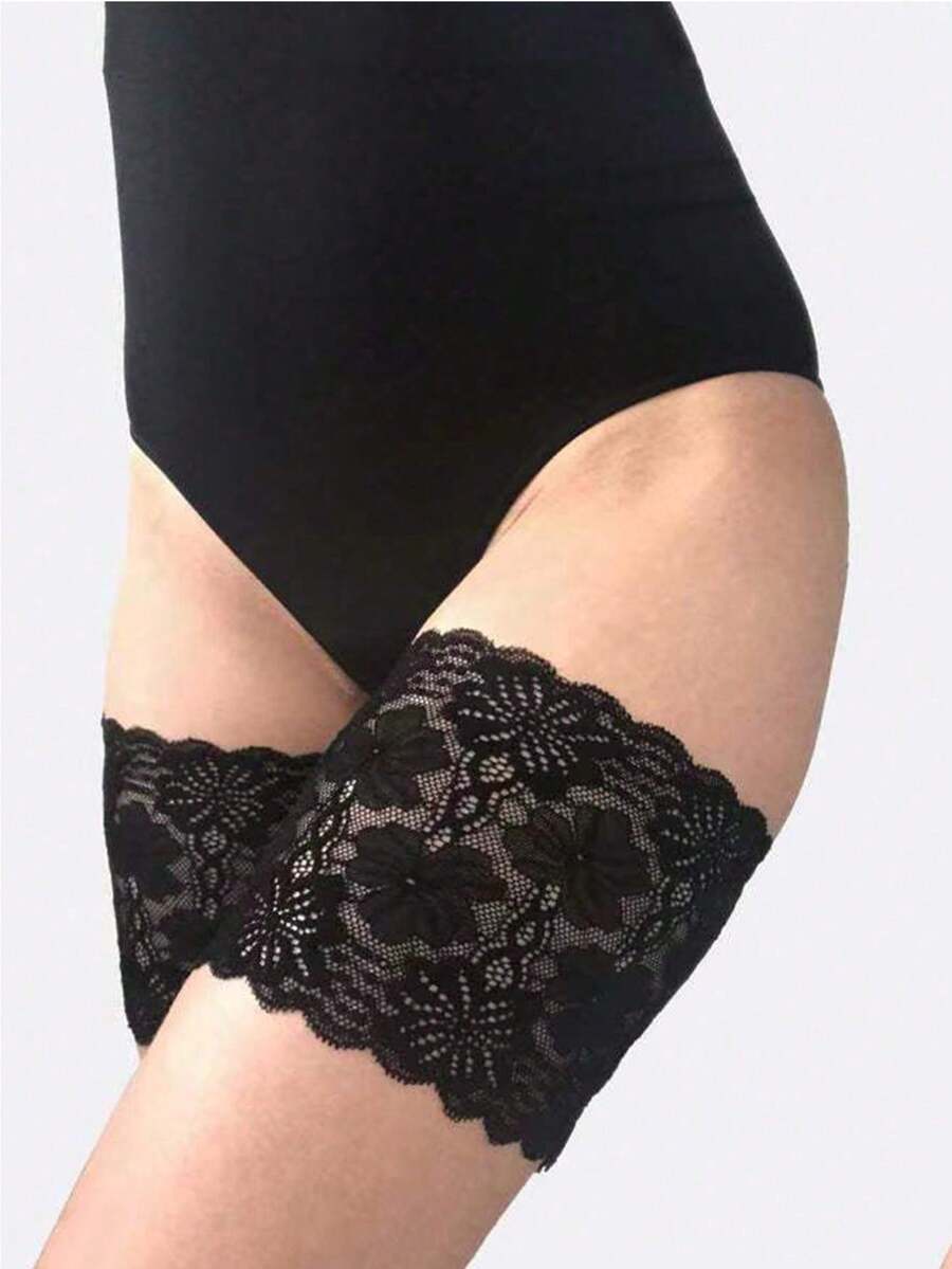1 双防滑硅胶袜套，弹力蕾丝边防擦伤大腿带，隐形耐摩擦长袜 - 黑色 - 查看 1