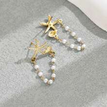 1 par de pendientes vintage de estilo playero con diseño de estrella de mar y concha con perlas falsas, diseño único con cuentas de estrella, adecuados para fiestas, regalos y uso diario