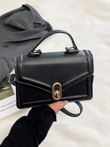 Arrow Design 时尚 PU 皮革手提包，2025 新款韩版托特包，纯色斜挎单肩包，小方包 - 黑色 - 查看 1