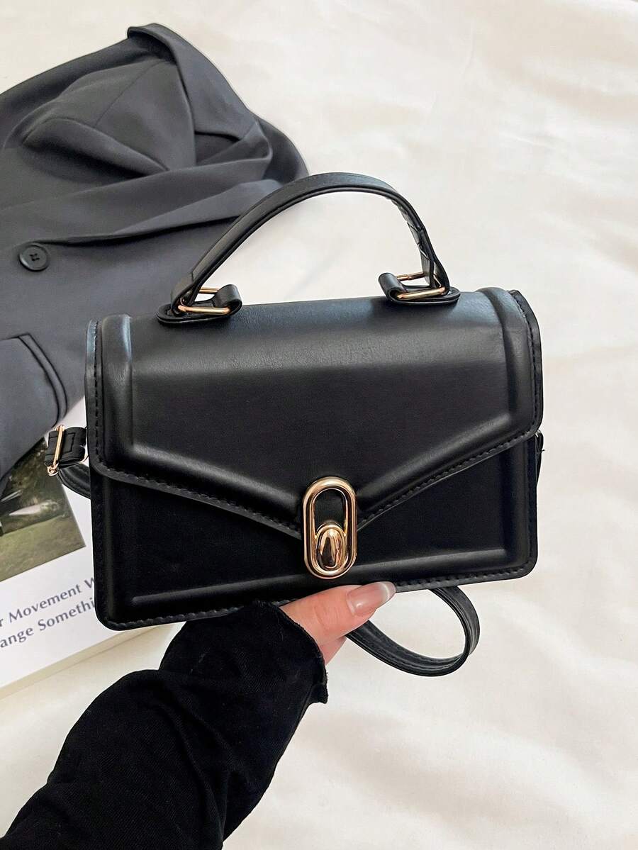 Arrow Design 时尚 PU 皮革手提包，2025 新款韩版托特包，纯色斜挎单肩包，小方包 - 黑色 - 查看 1